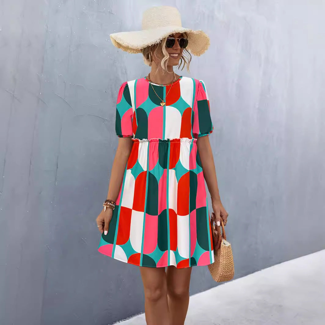 Spring Women's Round Neck Puff Sleeve Printed Dress 3