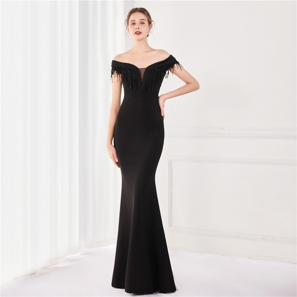 Elegant Fringe Tassels Off Shoulder Formal Mermaid Evening Dress 14