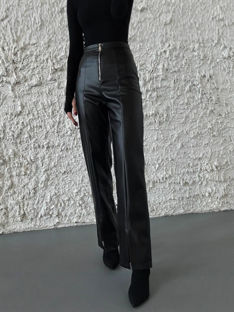 Women Solid pu Leather Patchwork Zipper Slit Wide Leg Pants 6