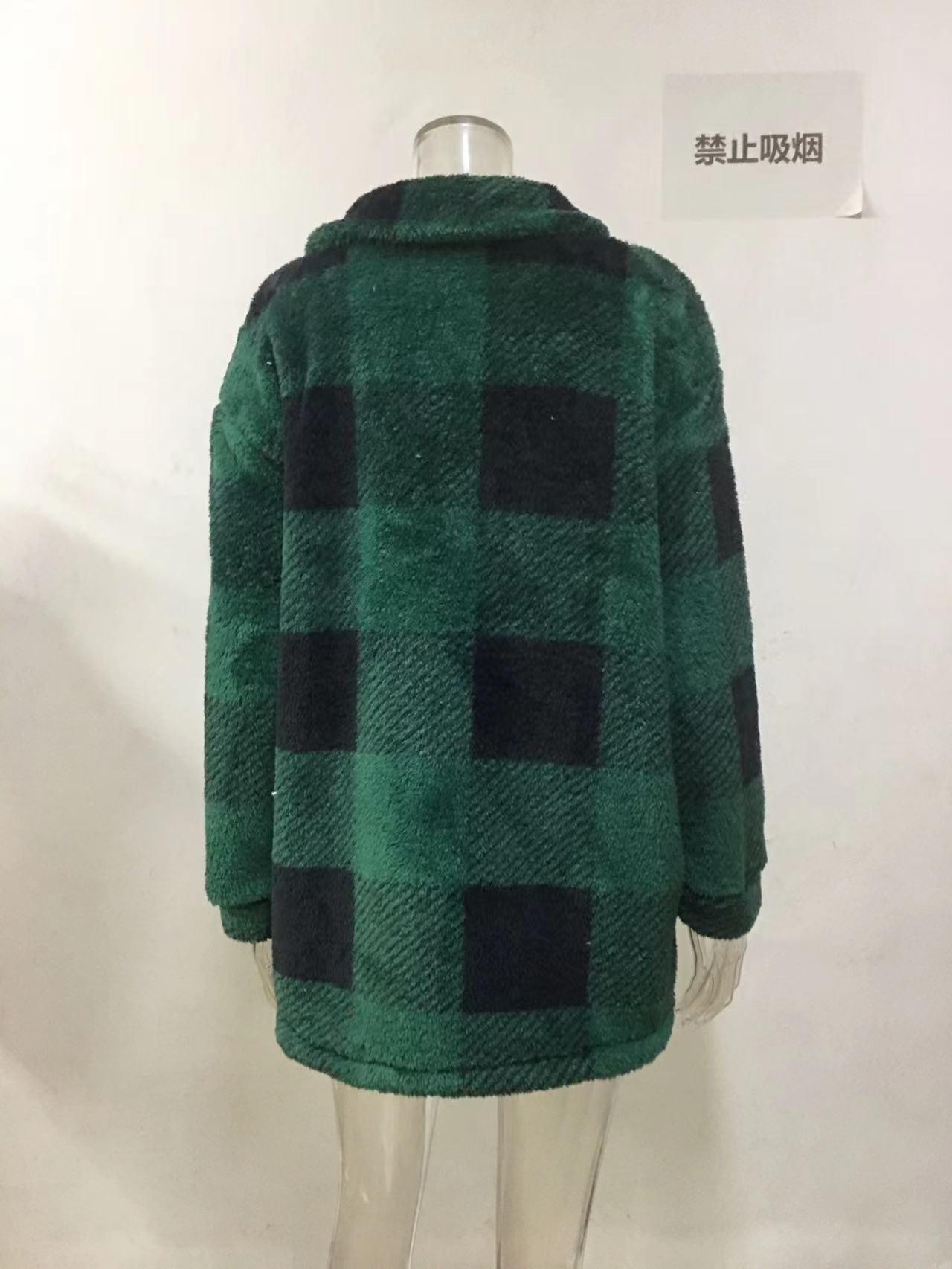 Women Autumn and Winter Pocket Plaid Sherpa Jacket Button Plush Jacket 30