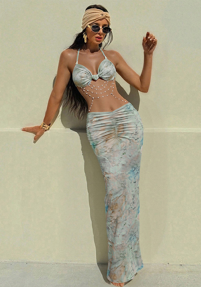 Women's Spring Halter Neck Tie Beaded Chain Slim Low Back Sexy Dress