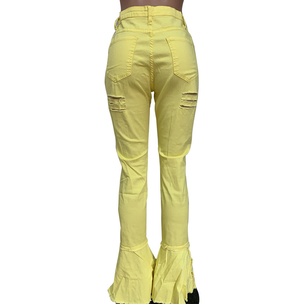 Women's Fringed Ripped Classic Denim Ruffle Trouser 35