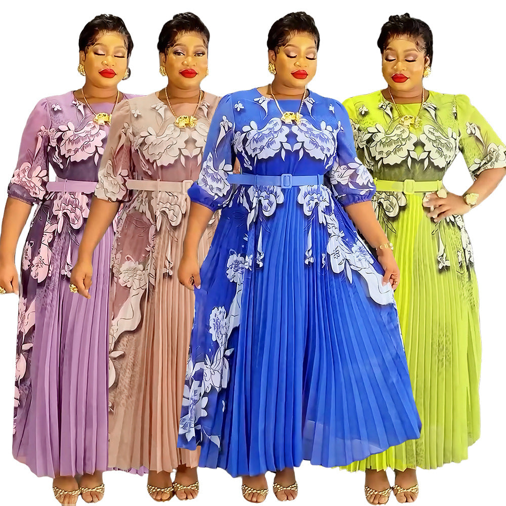 Elegant Long Dress Africa Women's Plus Size Print Pleated Chiffon Dress 9