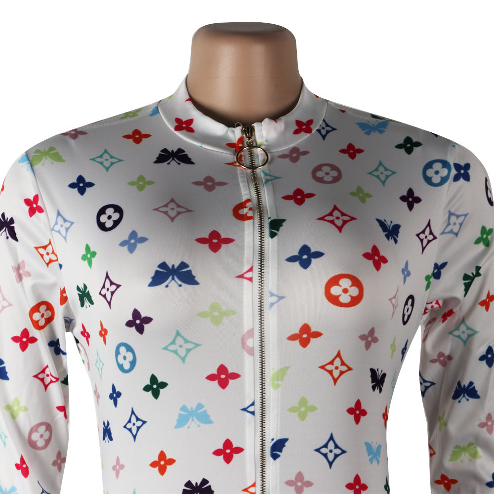 Sexy Women's Print Long Sleeve Tight Fitting Jumpsuit 33