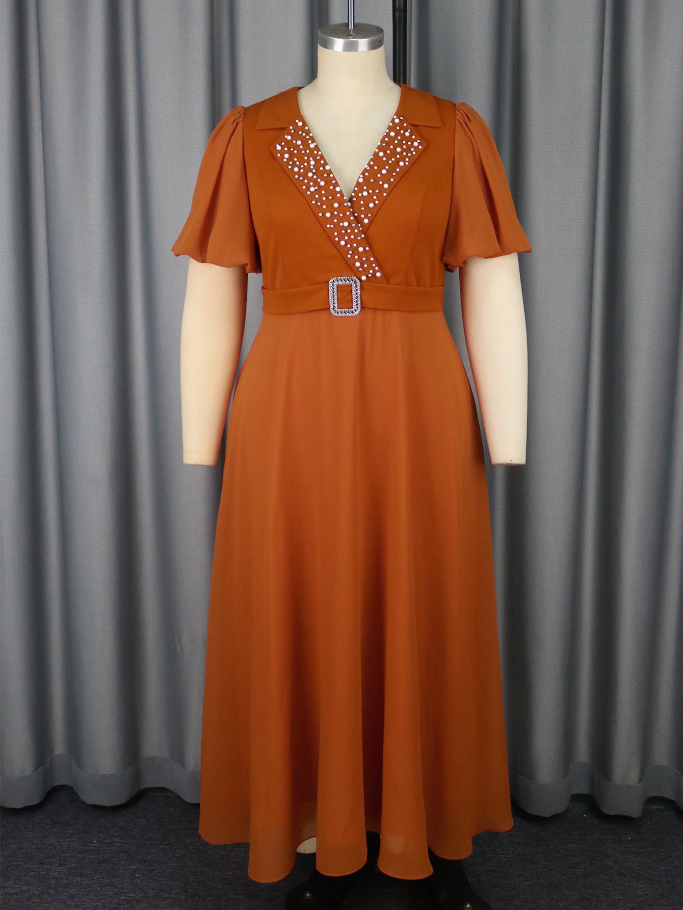 Plus-Size Women Turndown Collar Beaded V-Neck Puff Sleeve Belted Dress 6