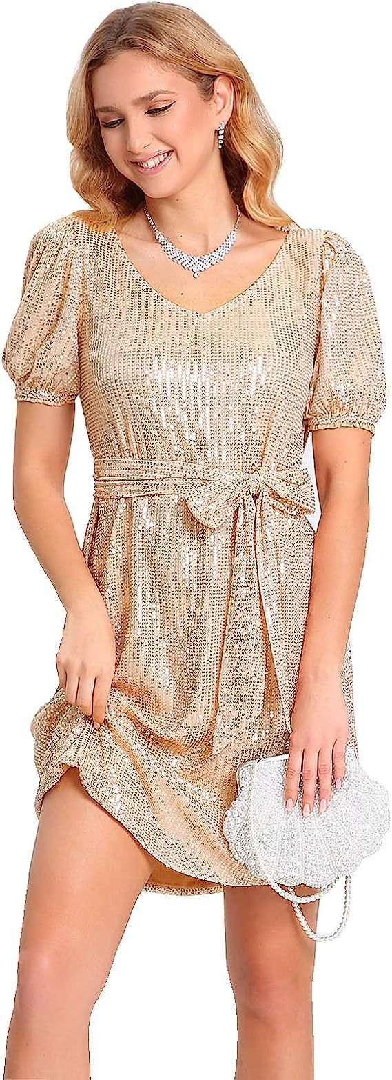 Women's Short Sleeve V Neck Sequin Mini Sequin Dress With Belt Glitter Cocktail Evening Dress 3