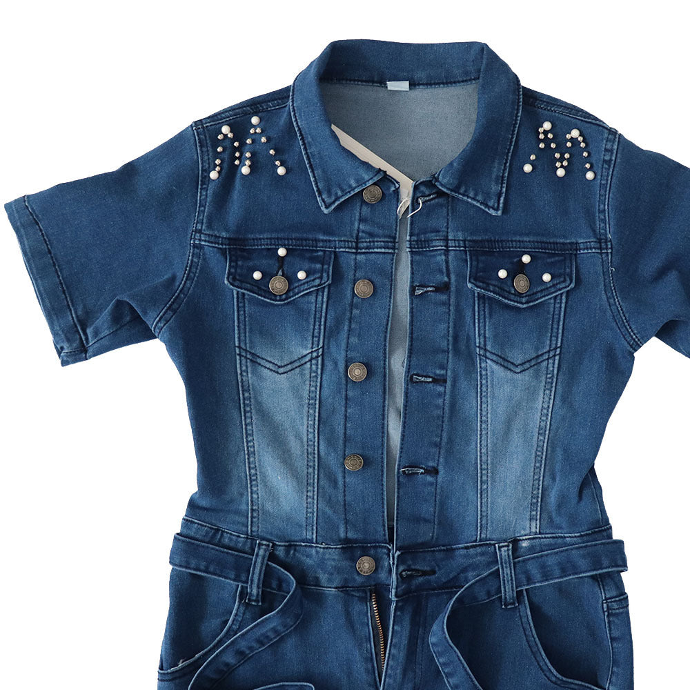 African Women Stretchy Beaded Denim Jumpsuit 5