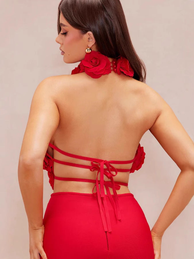 Women Floral Sexy Hollow Backless Halter Neck Red Summer Party and Holiday Bandage Dress 5