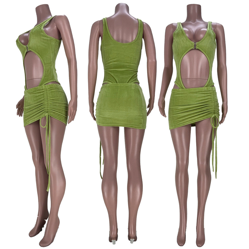 Fashion Casual Women's Velvet Sexy Beach Bodysuit Drawstring Skirt Two Piece Set 21