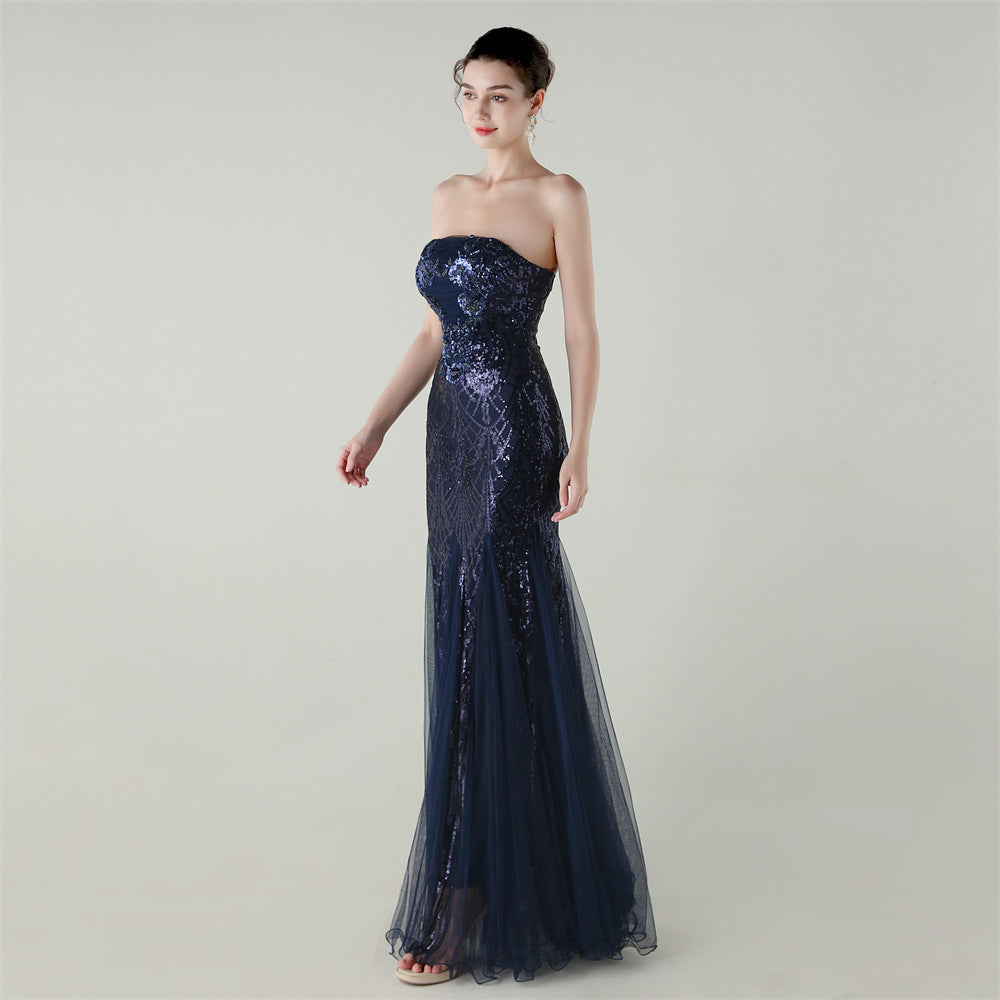 Women Strapless cross Lace-Up sequined tube flower sequined mesh evening dress Formal Party evening dress 50