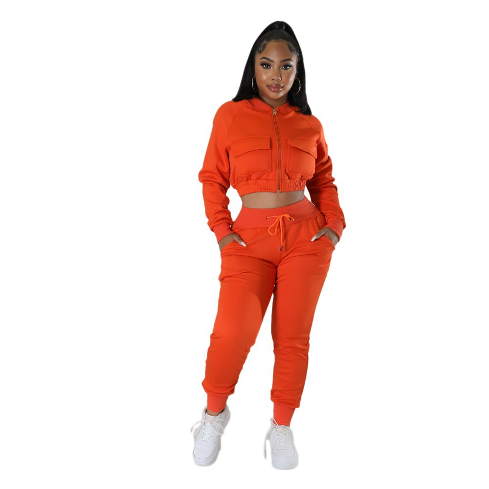 Sports Autumn And Winter Casual Fashion Short Coat Eggings Two-Piece Set 12