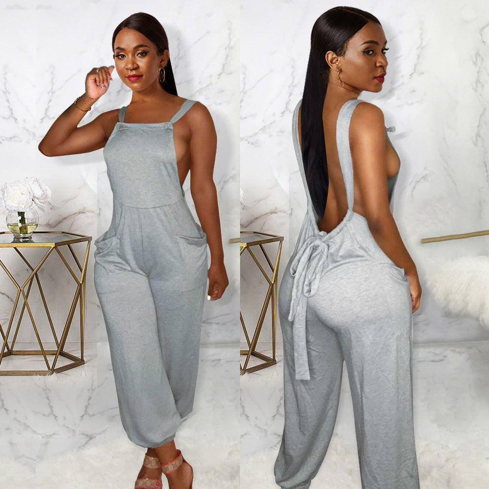 Lace-Up Sexy Women's Gray Low Back Trend Loose Suspenders Jumpsuit