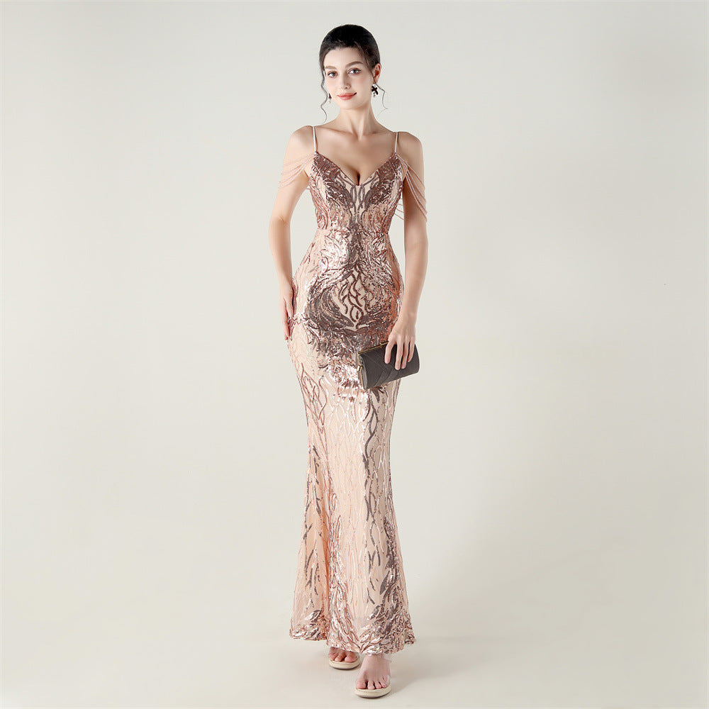 Women dangling beaded chain embroidered sequined V Neck Backless Formal Party evening dress 10