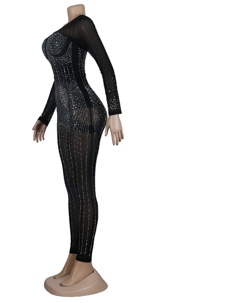 Winter Sexy Black rhinestone Beaded Patch Long Sleeve Jumpsuit 4