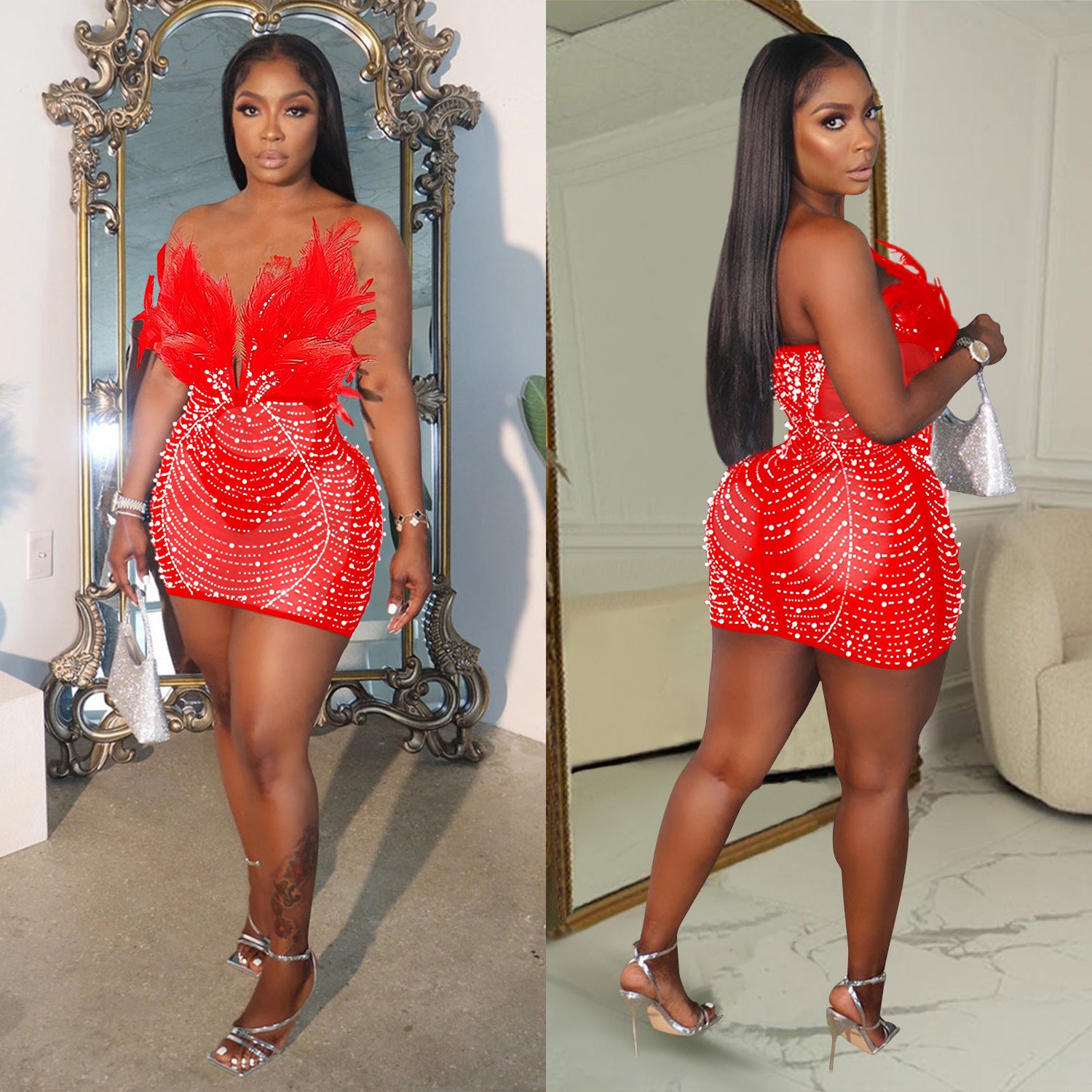 Fashion Women's Solid Color Mesh Beaded Feather Dress 10