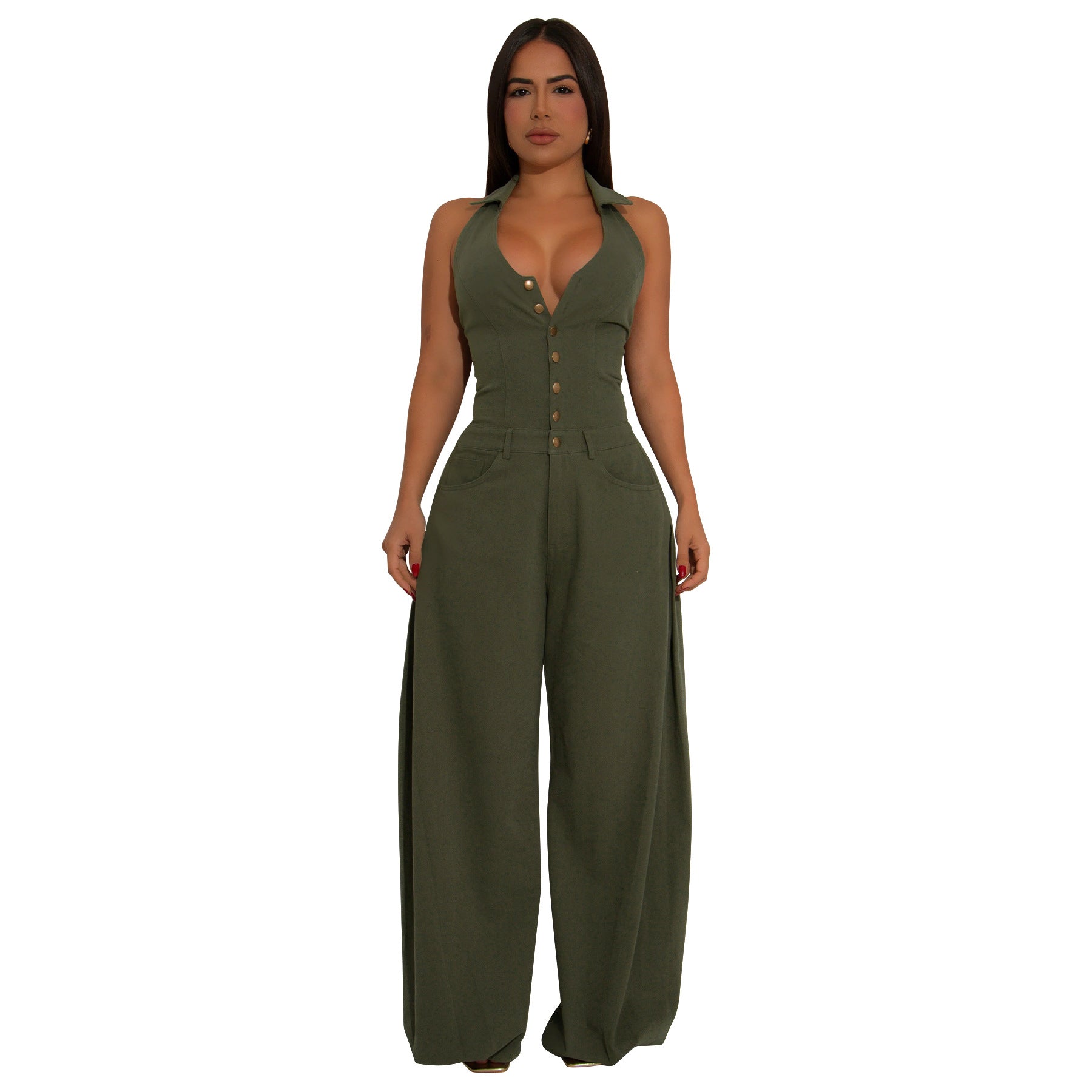 Women Pocket Sleeveless Backless Casual Jumpsuit 6