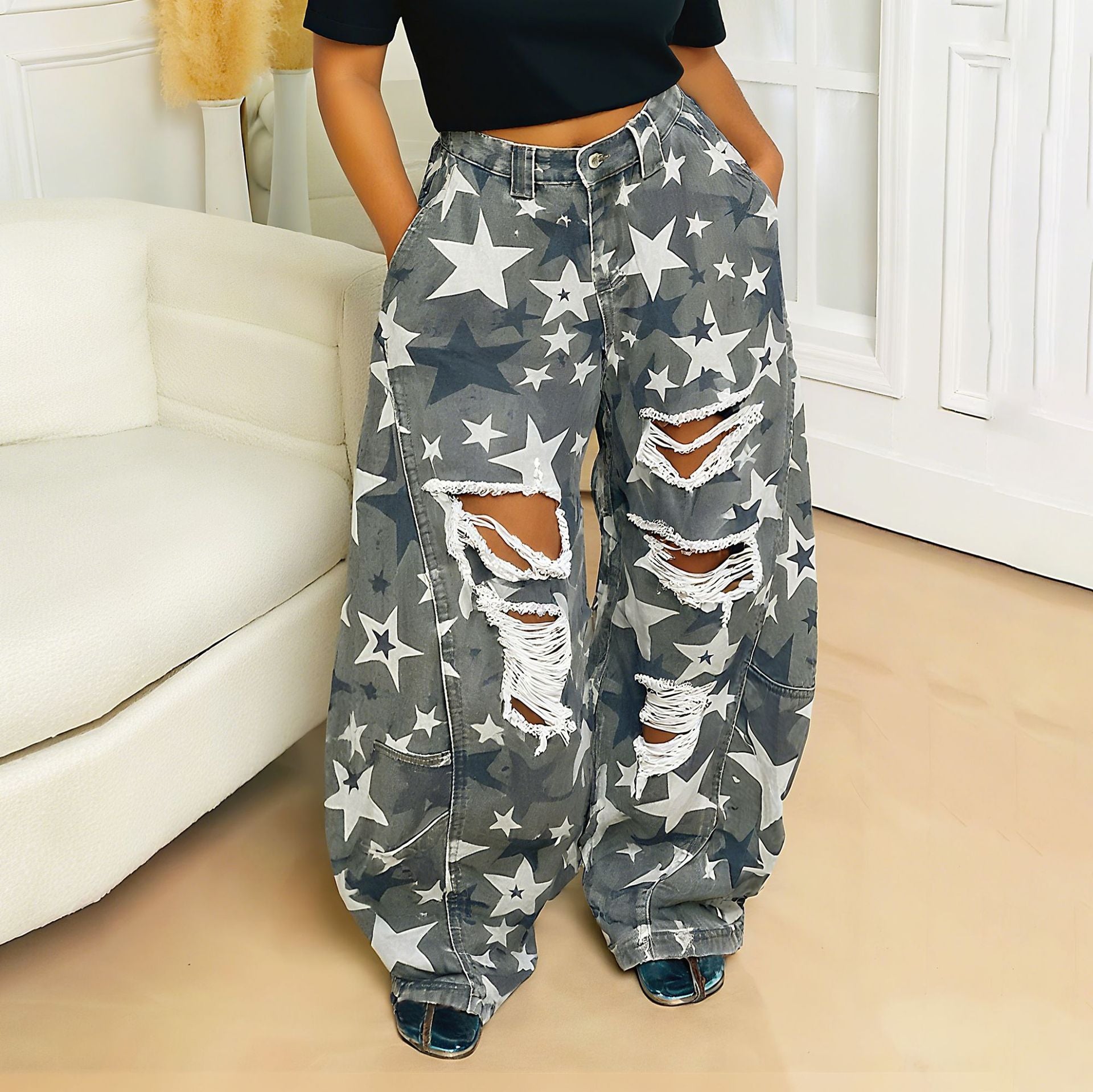 Washed Camo Star Ripped Denim Pants