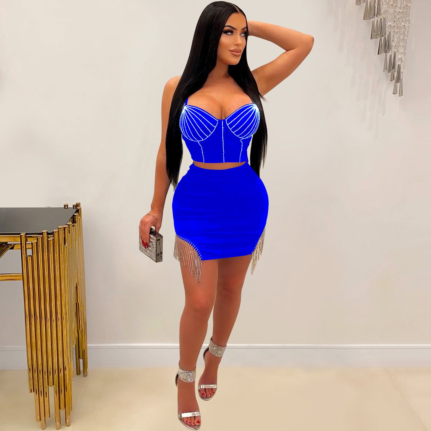 Women's Fashion Beaded Sleeveless Straps Top Tassels Skirt Two-Piece Set 7