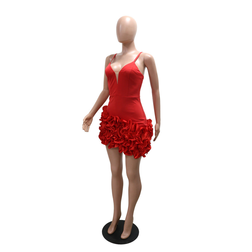 Women Sexy Strapless Solid Lotus Lace Irregular Dress 10