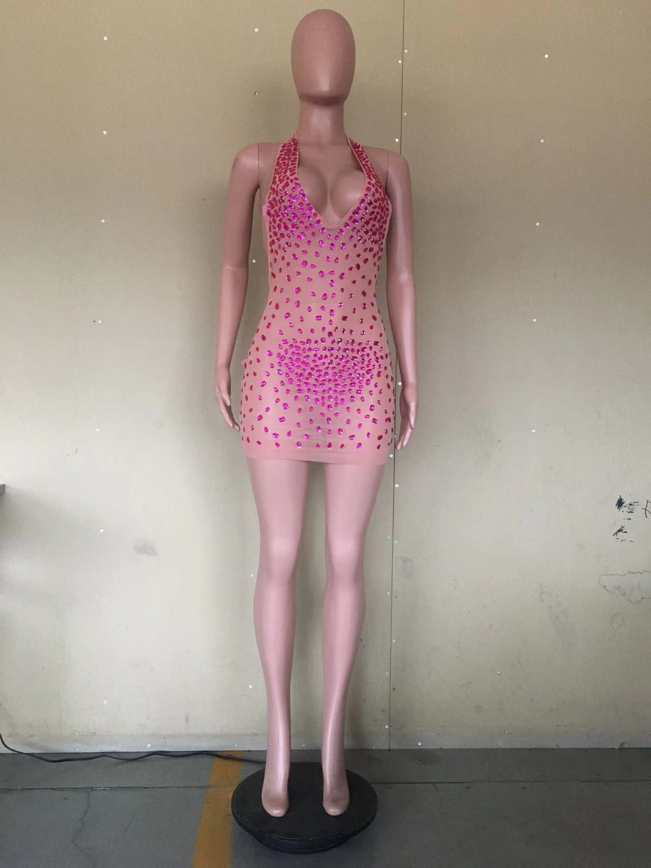 Summer Multi-Color Big Diamond Beaded Strap Halter Low Back Club Dress 8