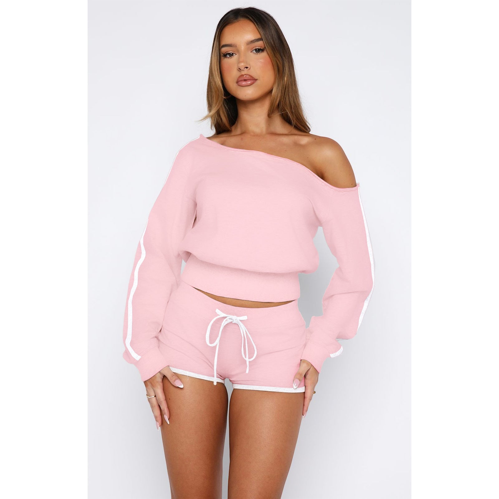 Women's Casual Slash Shoulder Long Sleeve Top Drawstring Shorts Two-Piece Set 67