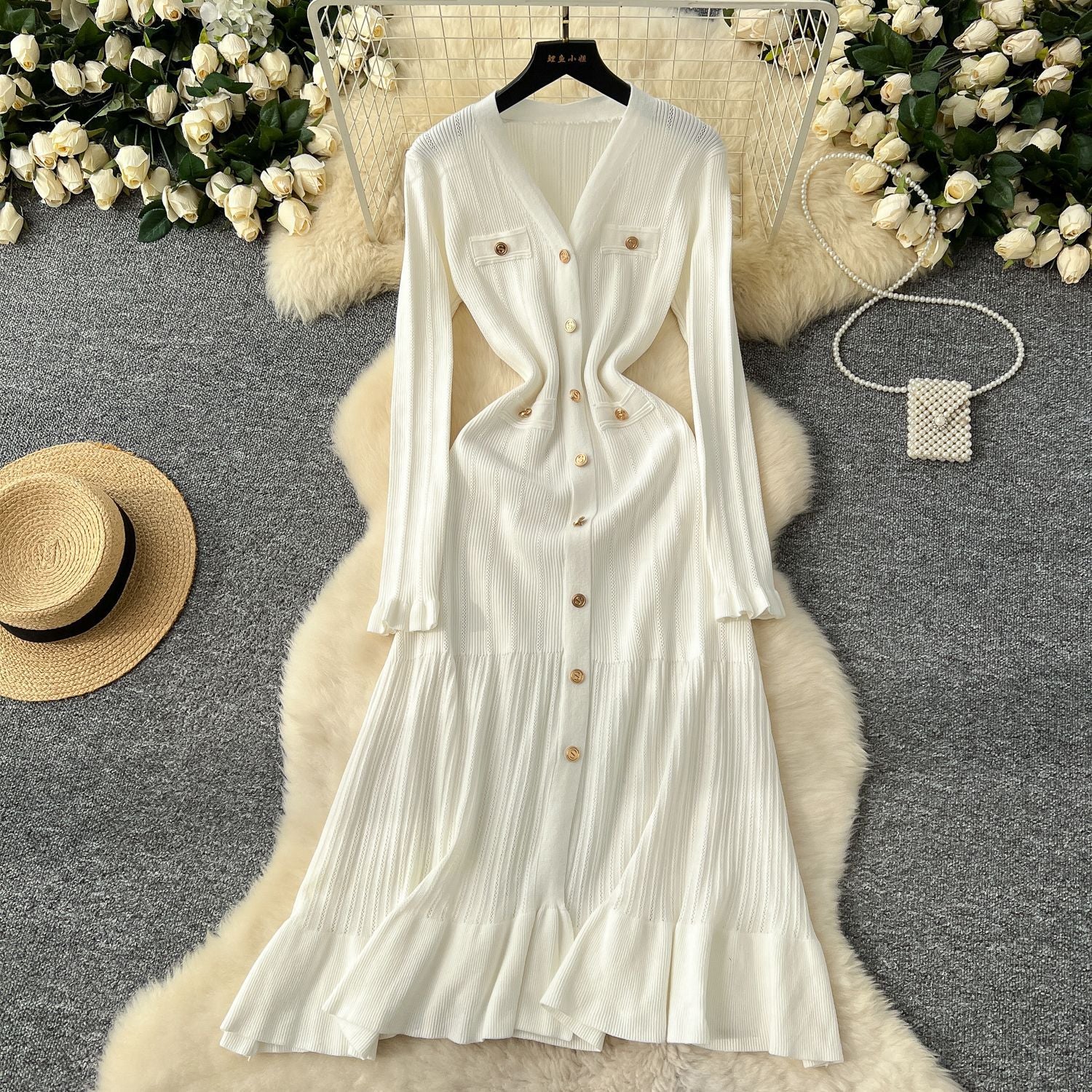 Women Fall/Winter Long-Sleeved V-Neck Ruffled Knitting Dress 8