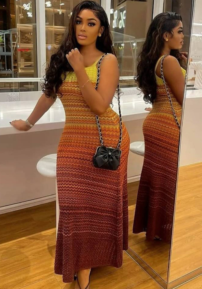 Women's Summer Strap Knitting Gradient Color Slim Bodycon Long Dress