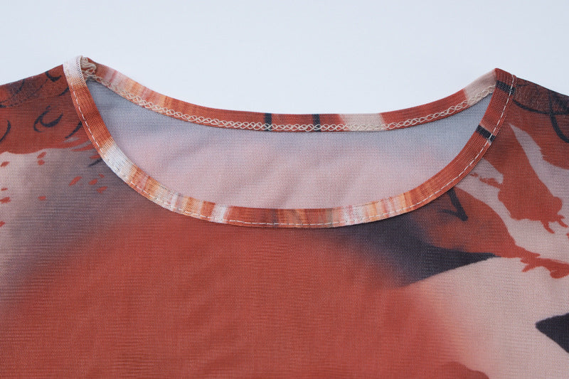 Women's Winter Fashion Sexy Printed Slim Slit Round Neck Short Sleeve Dress 12