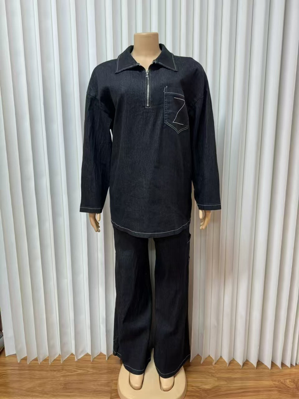 Women Autumn Denim Long-Sleeved Embroidered Turndown Collar Top and Two-Piece Pants Set 4