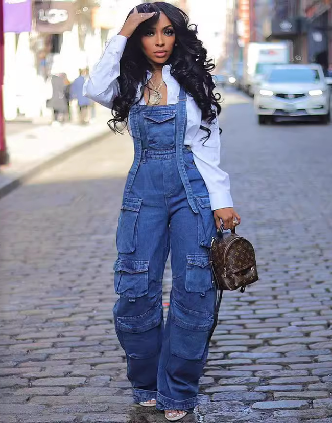 Women Loose Denim Pocket Jumpsuit 6