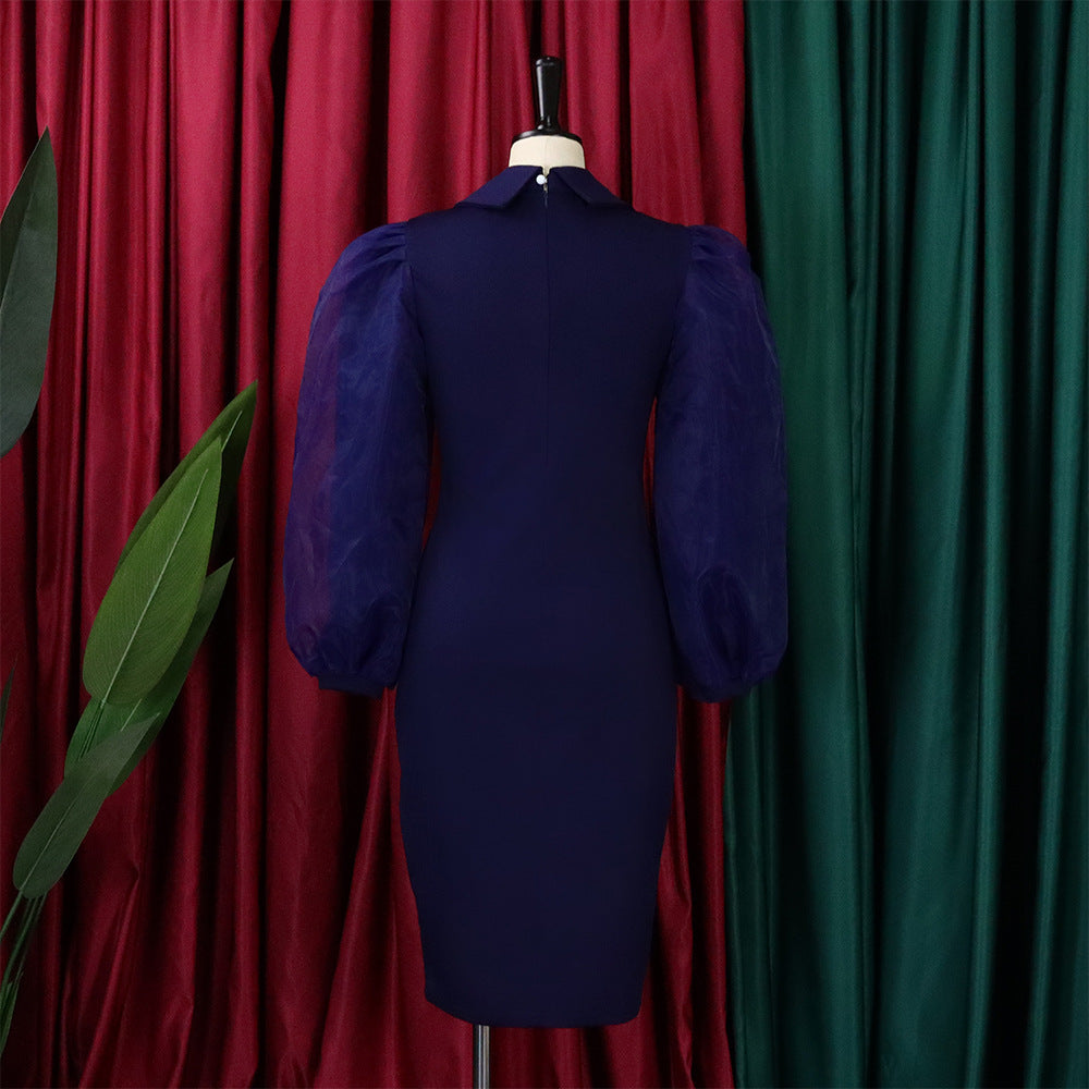 Women'S Spring Autumn Long Sleeve Plus Size Beaded Mesh Patchwork Career Bodycon Pencil Dress 12