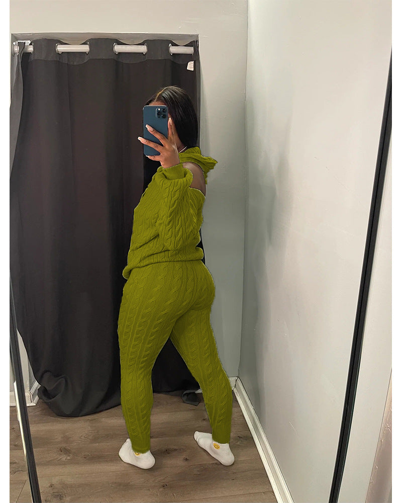 Women's Fashion Solid Color High Stretch Knitting Hooded Sweater Slim Long Pants Two Piece Set 14
