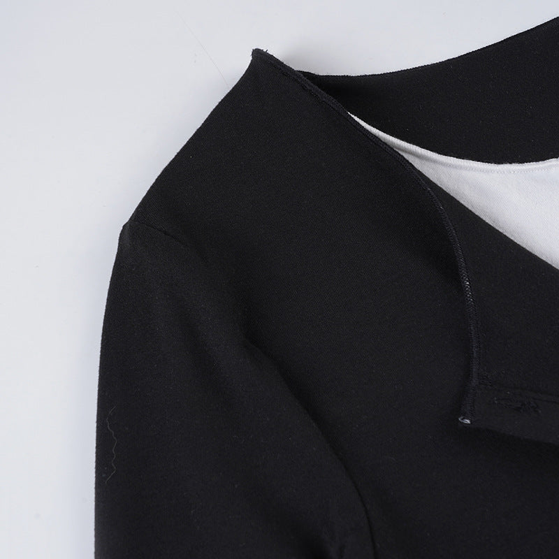 Black & White Contrast Fake Two-Piece Slim Waist Button-Down Long-Sleeve T-Shirt 25