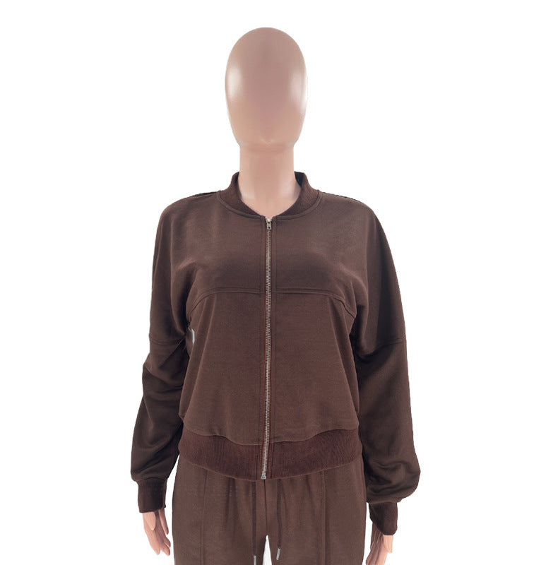 Autumn and Winter Solid Color Zipper Top Women's Fashion Casual Straight Pants two piece set 23