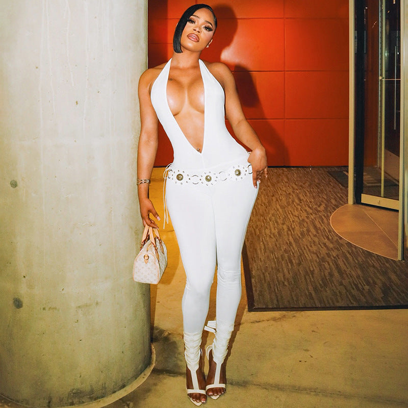 Women's Spring Summer Halter Neck Deep V-Neck Large Low Back Sleeveless Solid Color Jumpsuit 4