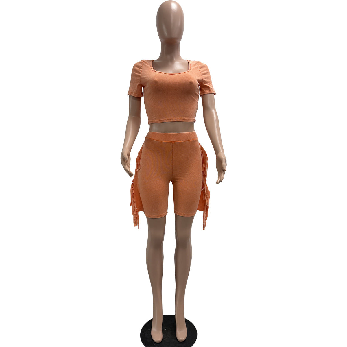 Fashionable Women's Solid Color Short Sleeve Tassel Elastic Shorts Set 12