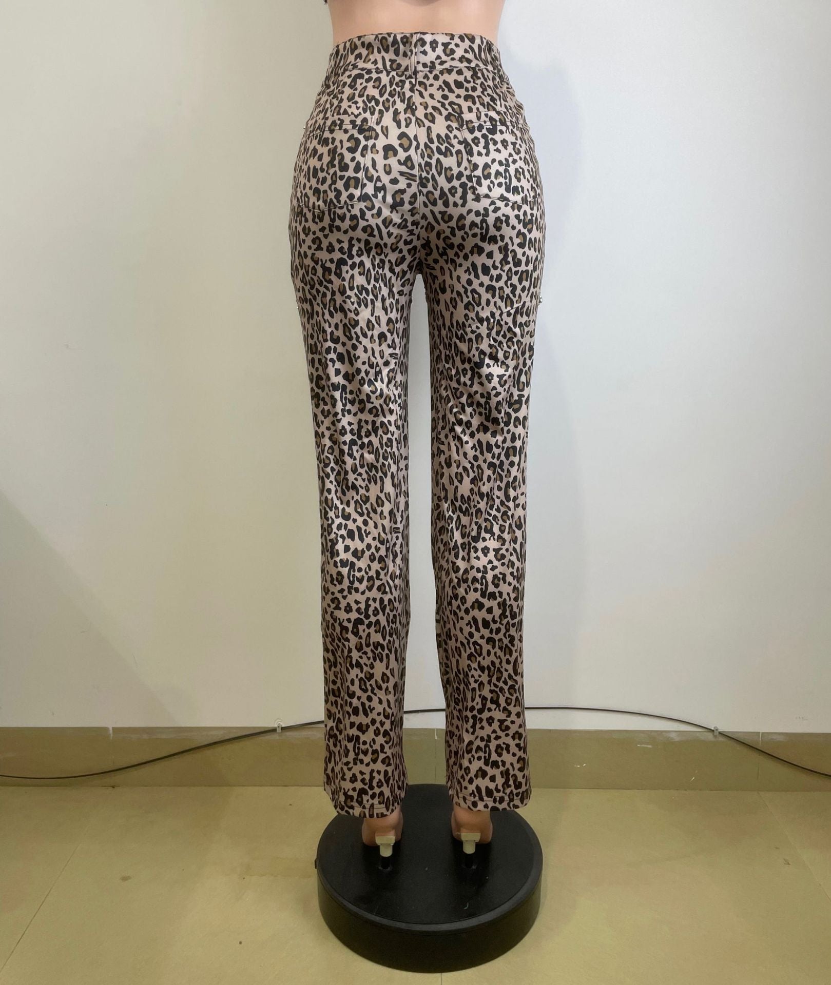 Fashionable High Waist Hollow Leopard Print Diamond Casual Trousers 11
