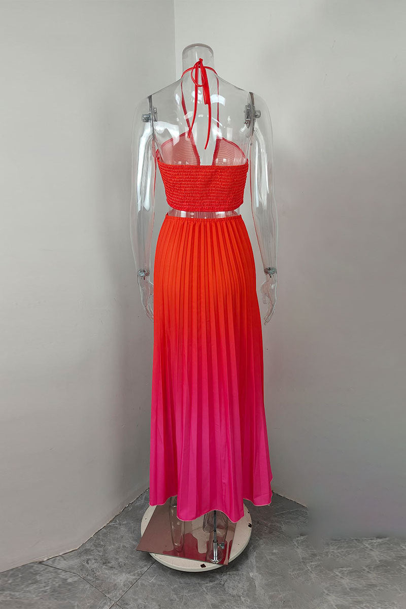 Women summer gradient Halter Neck pleated beach Holidays Maxi Dress 8