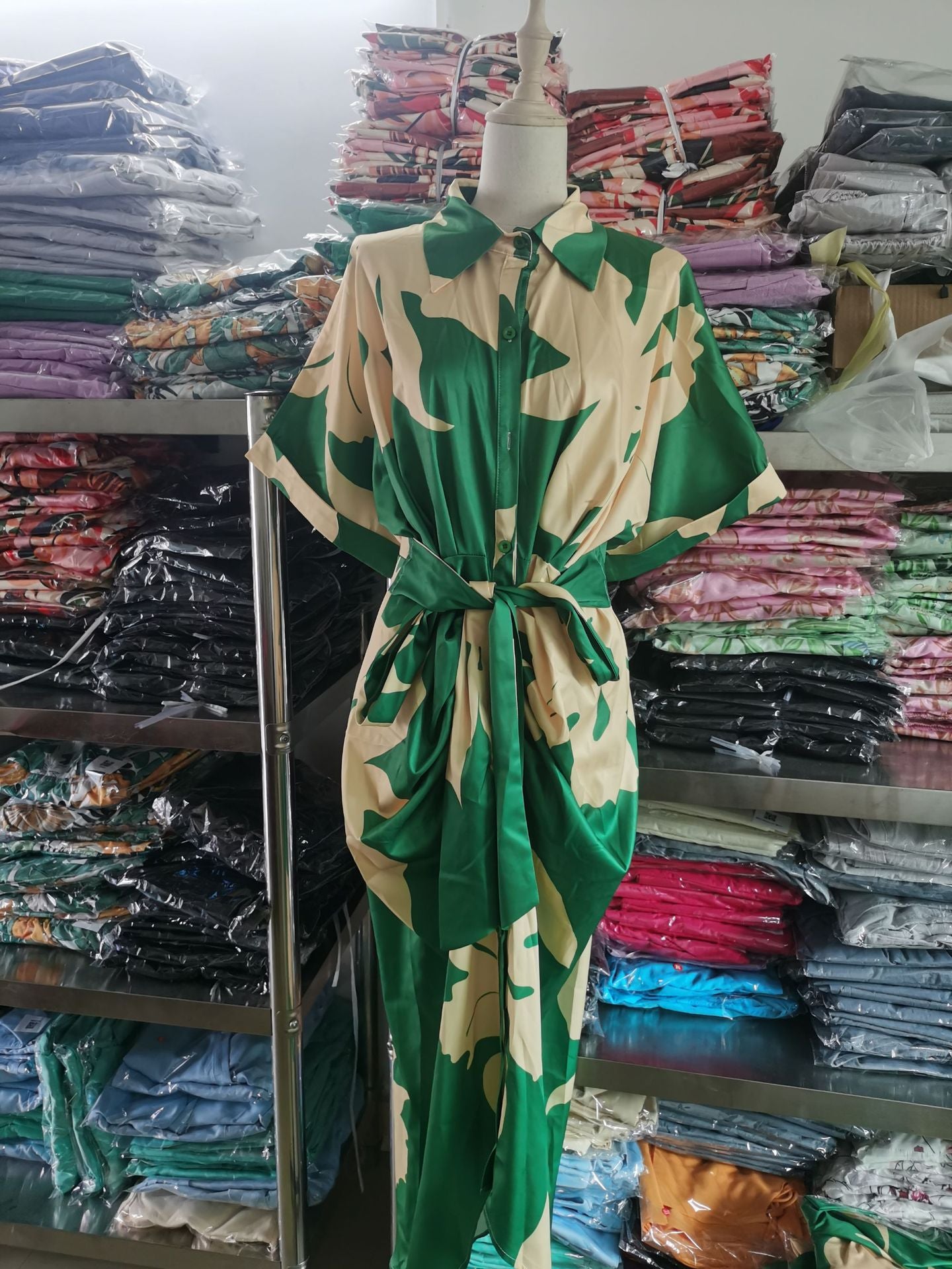 Women Printed Turndown Collar Short Sleeve Shirt Dress 9