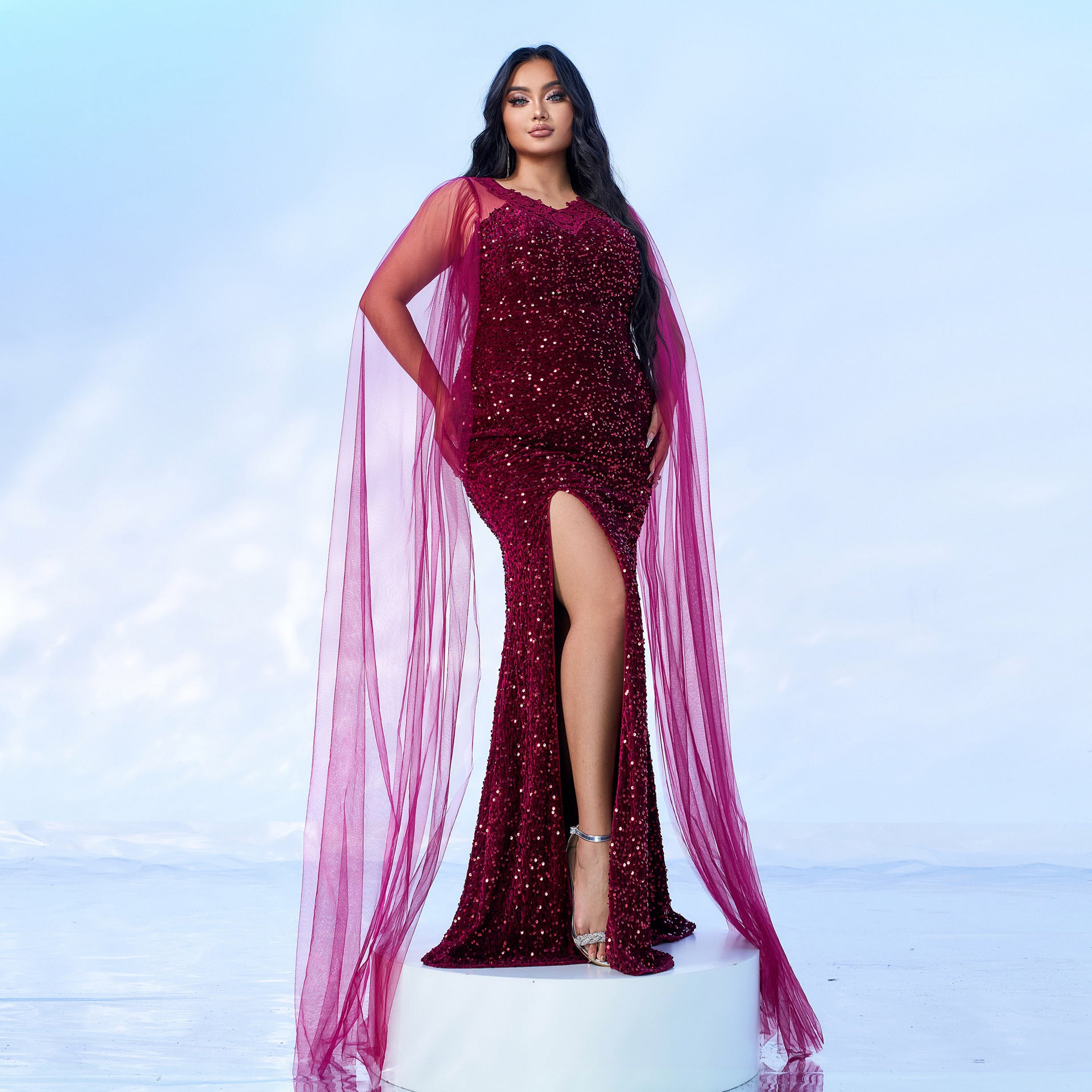 Plus Size Women Long Sleeve V-neck Formal Party Sequined Fishtail Evening Dress Dress 6