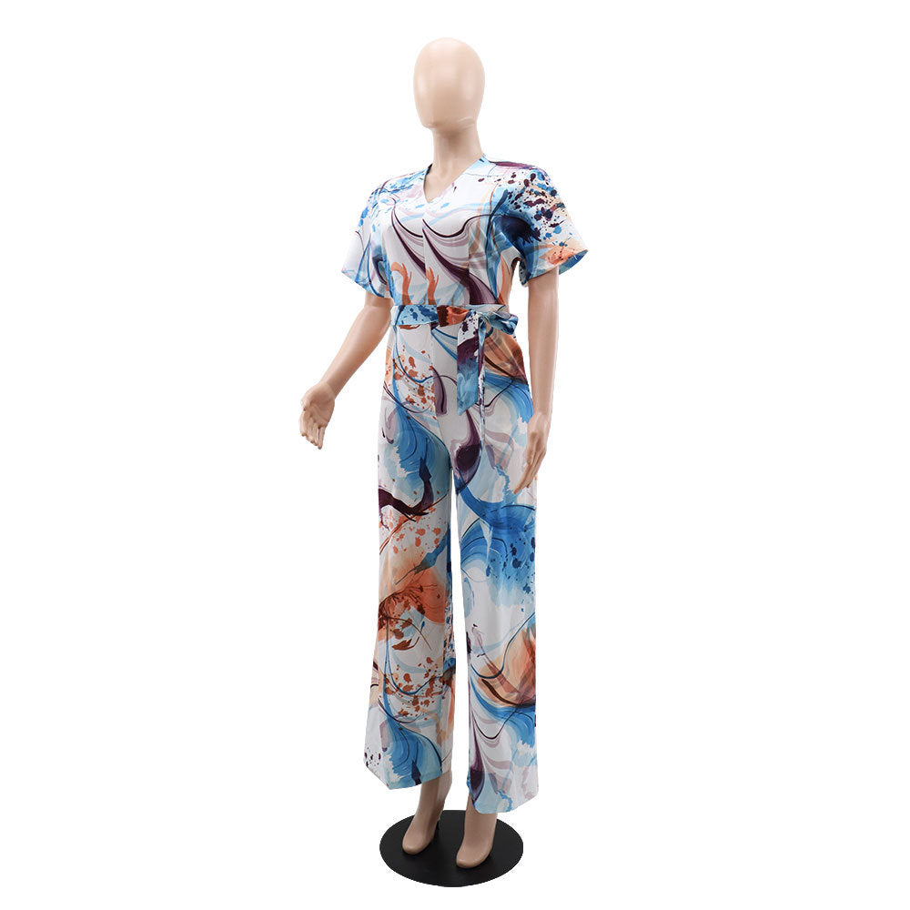 Women Print Lace Up V Neck Short Sleeve Jumpsuit 7