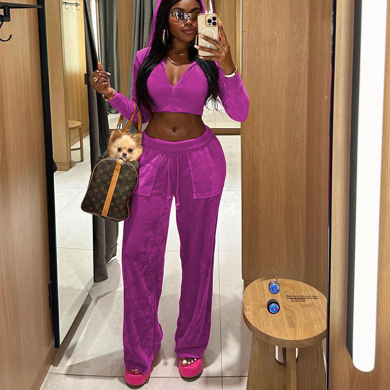 Autumn And Winter Women's Fashion Velvet Sports Casual Hoodies Pants Two Piece Set 4