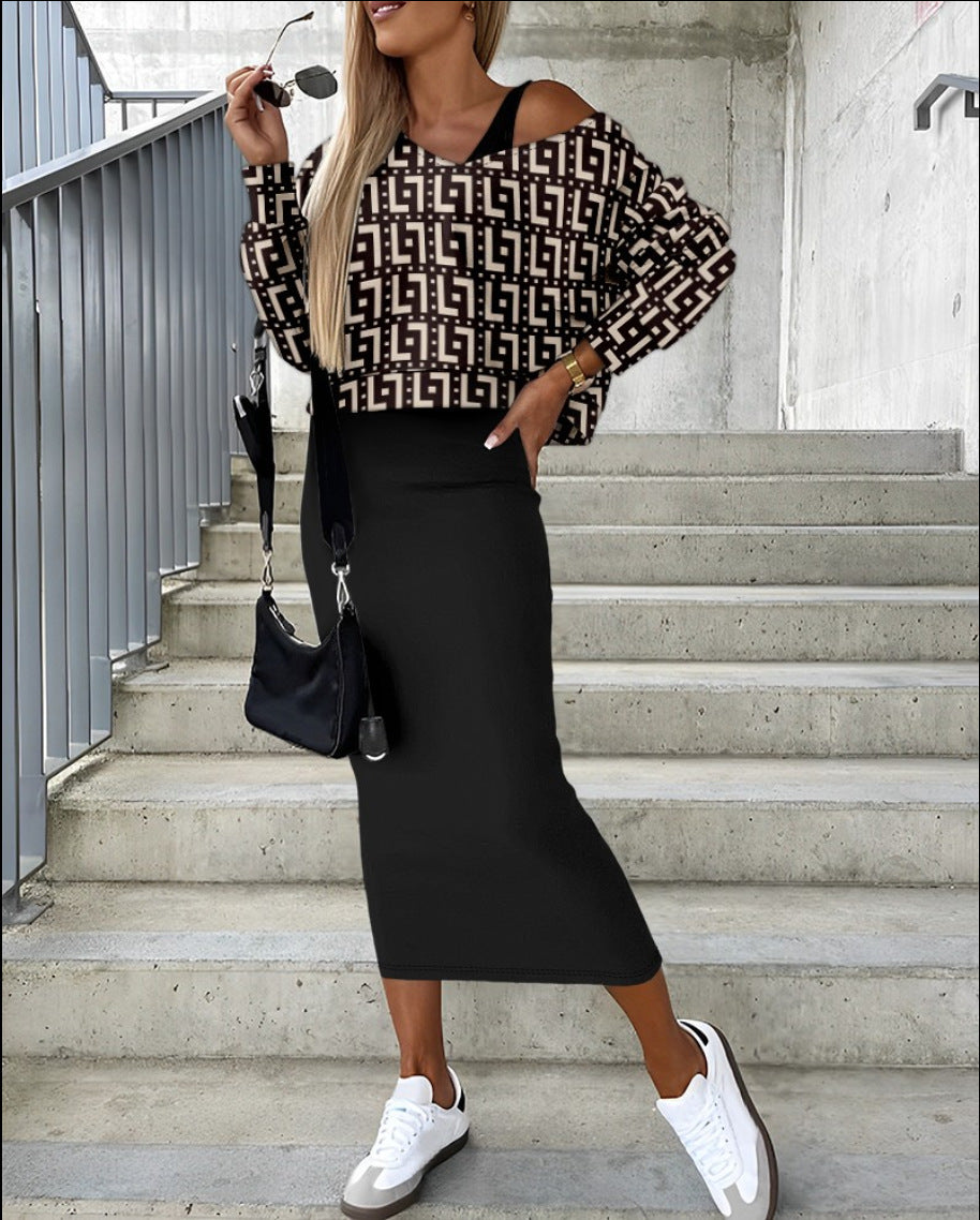 Autumn And Winter Fashion Bat Sleeves Top Slim Long Skirt Women Two Piece Set 19