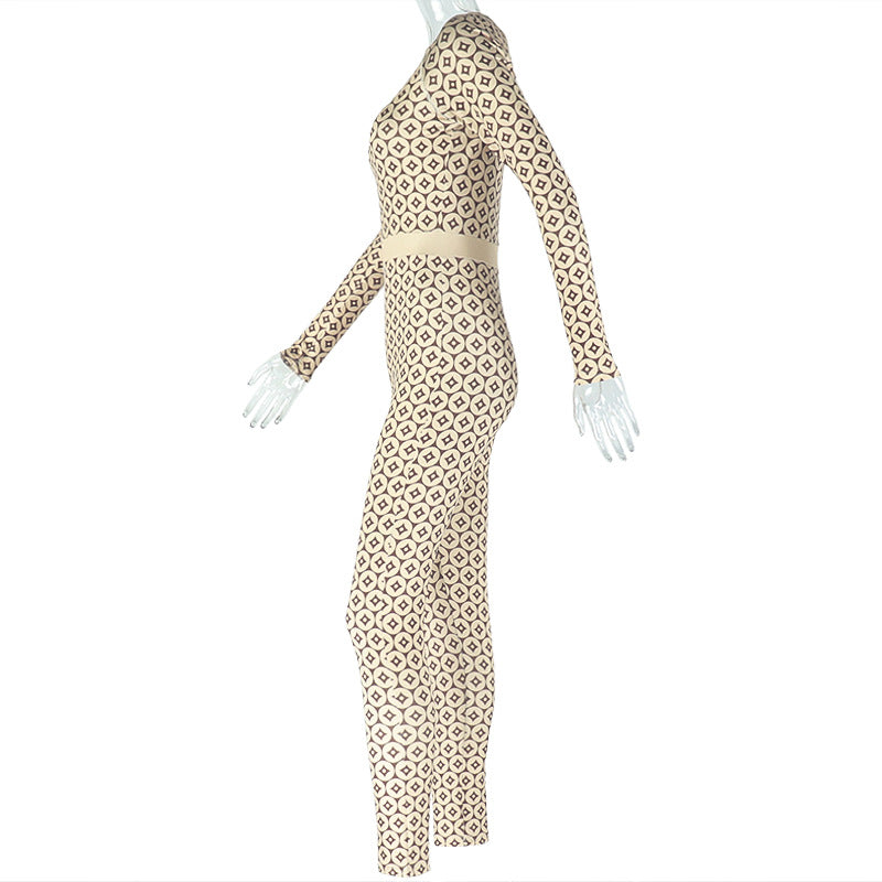 Women Casual Printed Round Neck Long Sleeve Jumpsuit 8