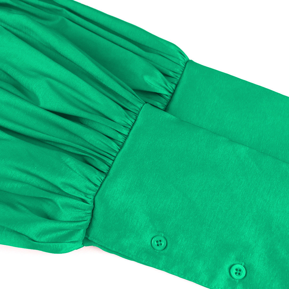 Spring Stand Collar Puff Long Sleeve High Waist Party Dress 17