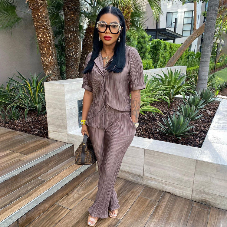 Women Summer French Short Sleeve Shirt And Pleated Wide Leg Pants Two Piece Set 5