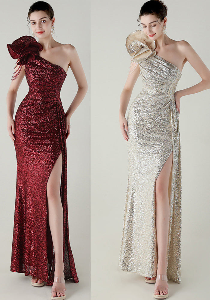 Women flower beaded one-shoulder Slash Shoulder fishtail evening dress