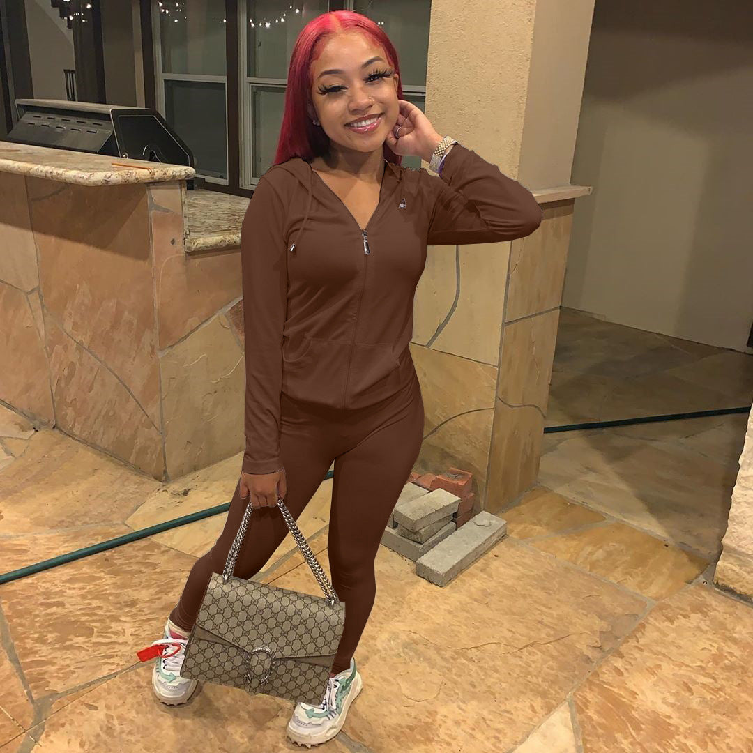 Women Summer Sports Hooded Full Sleeves Solid Pockets Regular Two Piece Pants Set 20