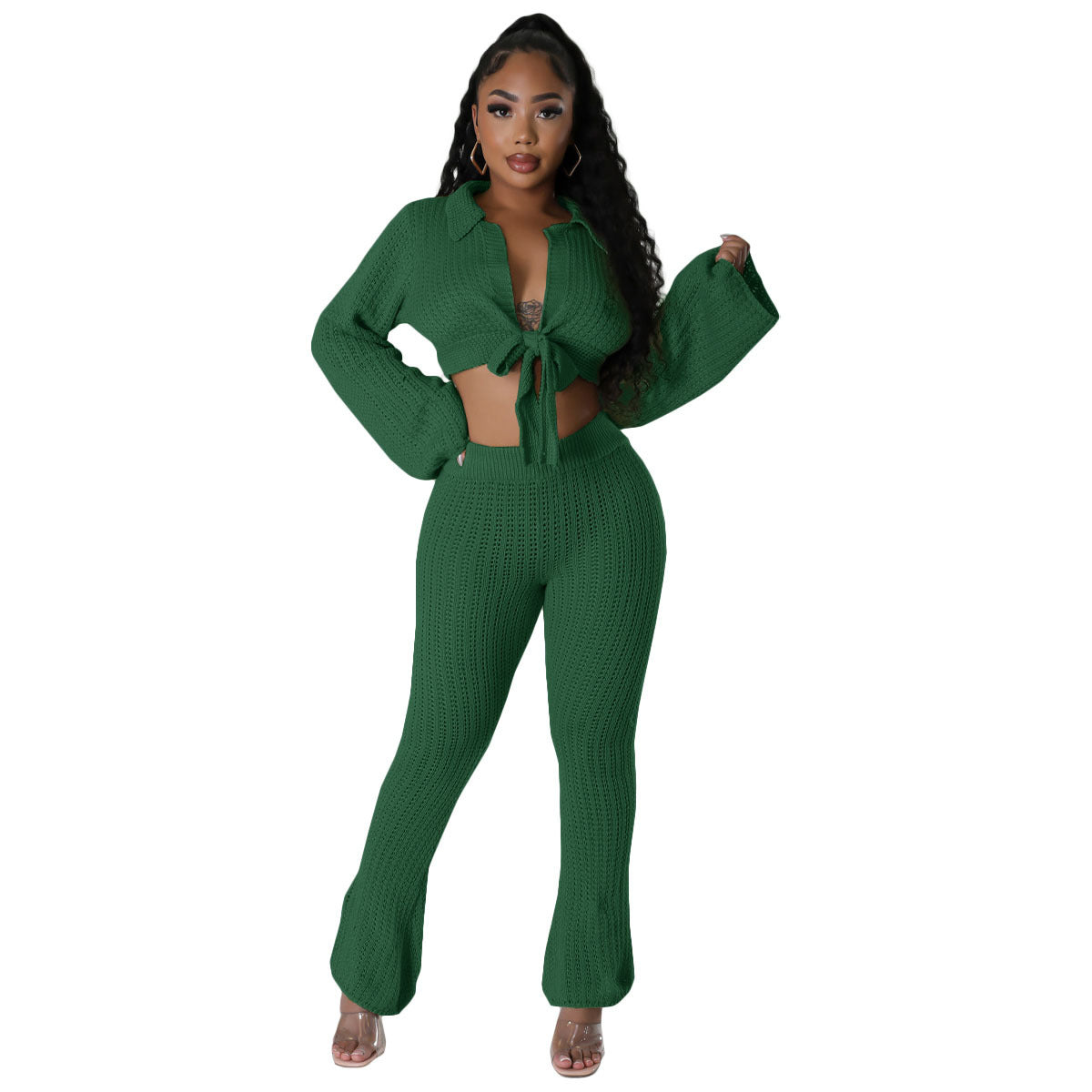 Women's Fashion Casual Bell Bottom Solid Color Knitting Tied Sweater Pants Two Piece Set 6