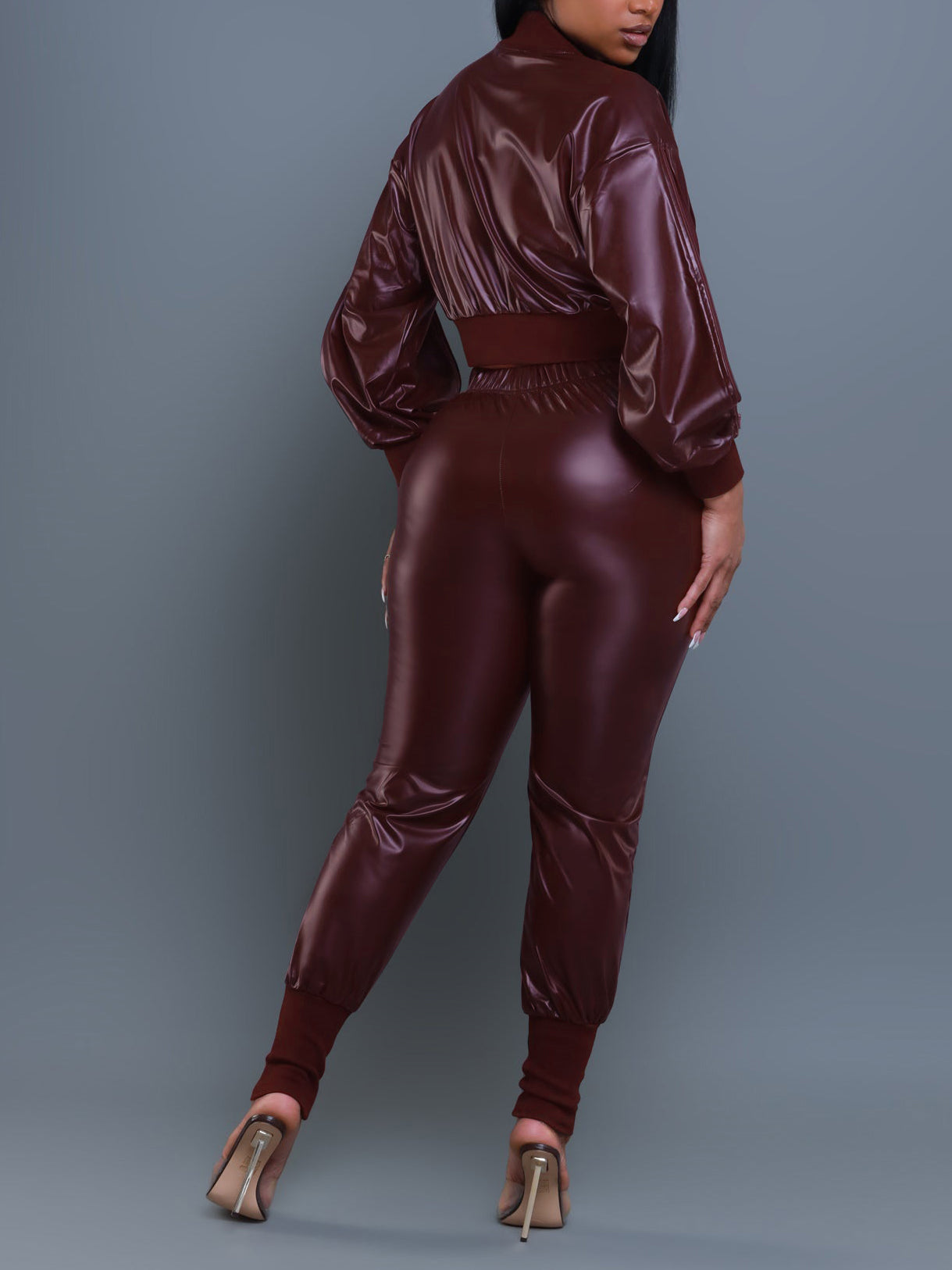 Women's Autumn Winter Pu Leather Zipper Jacket Pants Two-Piece Set 22